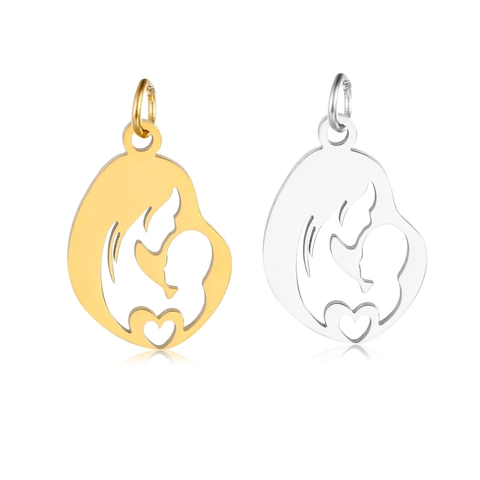 Stainless Steel Mother Child Silhouette Heart Cutout Pendant Mother's Day Gift Polished Mirror Finish DIY Jewelry Charm Gold Silver Tone