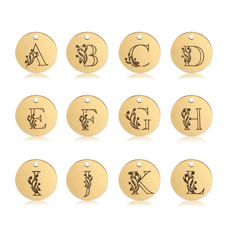 Stainless Steel Alphabet Round Pendant Floral Engraved Letter Charm For Jewelry Making DIY Mirror Polished Metal Tag Accessory