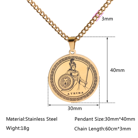 Greek Mythology Goddess Athena Medusa Shield Pendant Necklace 304 Stainless Steel Vintage Greek Key Coin Jewelry For Men Women