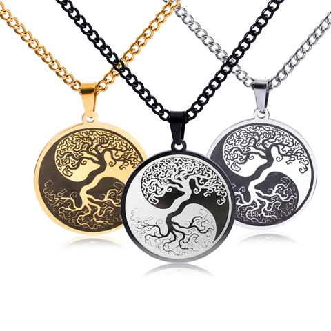 Collana con Ciondolo Albero della Vita Yin Yang in Acciaio Inossidabile Totem Spirituale Charm Tondo Catena Lunga Unisex Gioielli