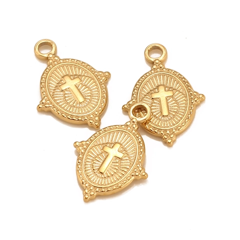 Vintage Stainless Steel Cross Pendant For DIY Jewelry Making Gold Silver Plated Religious Oval Medal Charm Accessory