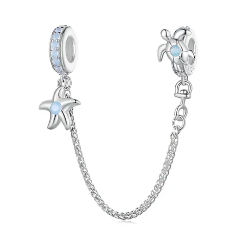925 Sterling Silver Ocean Series Safety Chain Charm With Sea Turtle Starfish Blue Opal DIY Bracelet Jewelry Pendant