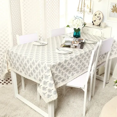 Nappe Moderne Minimaliste en Polyester Aspect Lin Avec Bord en Dentelle Motif Forêt Arbre Rectangulaire Anti-Poussière Décoration