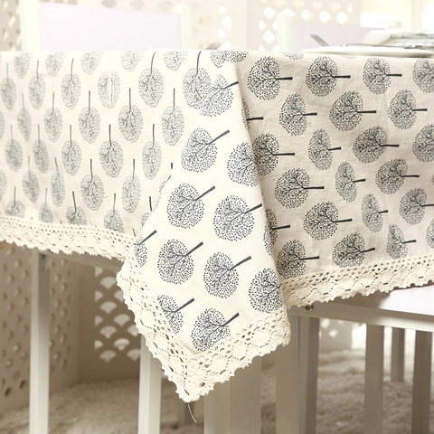 Nappe Moderne Minimaliste en Polyester Aspect Lin Avec Bord en Dentelle Motif Forêt Arbre Rectangulaire Anti-Poussière Décoration