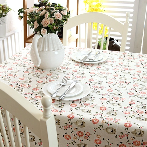 Pastoral Polyester Baumwolle Tischdecke Mit Spitzenkante Blumen Vogelkäfig Druck Rechteckige Staubdichte Tischabdeckung Für Zuhause Essen