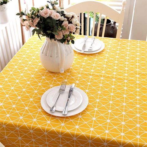 Mantel de Algodón con Rejilla Geométrica Minimalista Moderna Amarillo Gris Rayado Antipolvo Rectangular Cubierta de Mesa para Comedor Decoración