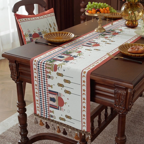 Ramadan Eid Mubarak Table Runner With Tassel Jacquard Mosque Moon Star Camel Castle Pattern Polyester Dining Table Decoration Home Decor