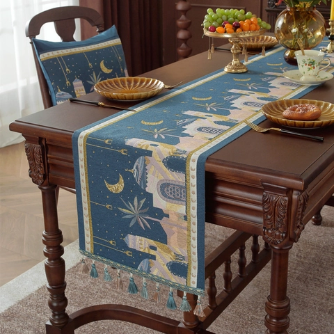 Ramadan Eid Mubarak Table Runner With Tassel Jacquard Mosque Moon Star Camel Castle Pattern Polyester Dining Table Decoration Home Decor