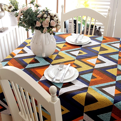 Nappe en Canevas de Coton Imprimé Géométrique Moderne Minimaliste Multicolore Patchwork Rectangulaire Anti-poussière Housse de Table