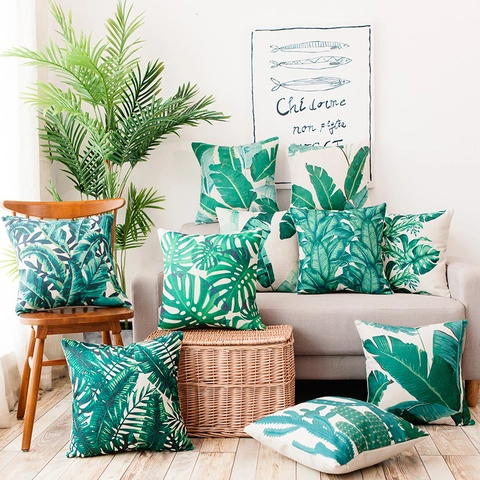 Housse de Coussin en Coton Lin Imprimé Feuilles de Forêt Tropicale Cactus Taie d'Oreiller Carrée Pour Canapé Décoration