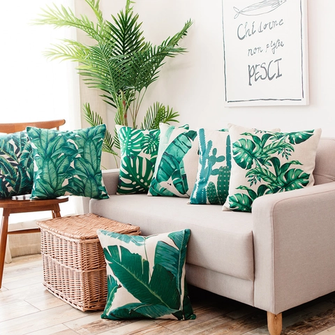 Housse de Coussin en Coton Lin Imprimé Feuilles de Forêt Tropicale Cactus Taie d'Oreiller Carrée Pour Canapé Décoration