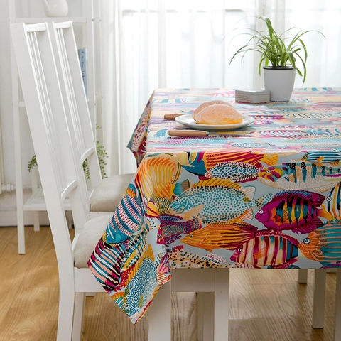 Nappe en Canevas de Coton Poissons Tropicaux Dessin Animé Coloré Style Océan Rectangulaire Anti-poussière Couverture de Table Pour Maison