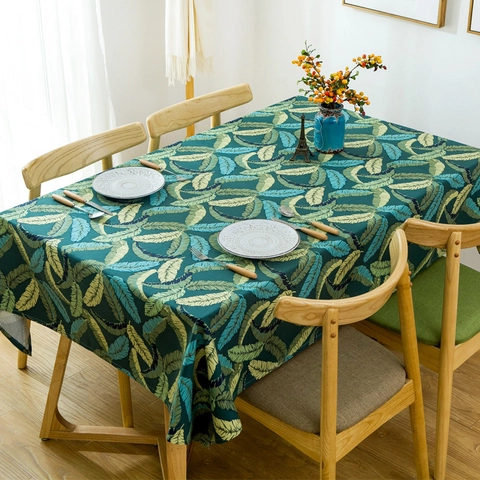 Nappe en Toile de Coton Épaisse Style Américain Imprimé Feuilles Vertes Plumes Rectangulaire Décorative pour Table à Manger