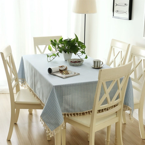 Japanese Minimalist Striped Cotton Tablecloth With Tassel Fringe Rectangle Dustproof Table Cover For Dining Home Decor