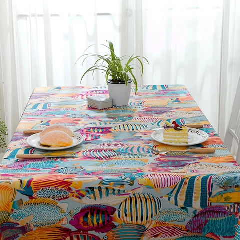 Nappe en Canevas de Coton Poissons Tropicaux Dessin Animé Coloré Style Océan Rectangulaire Anti-poussière Couverture de Table Pour Maison