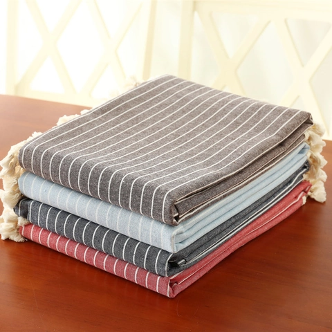 Japanese Minimalist Striped Cotton Tablecloth With Tassel Fringe Rectangle Dustproof Table Cover For Dining Home Decor