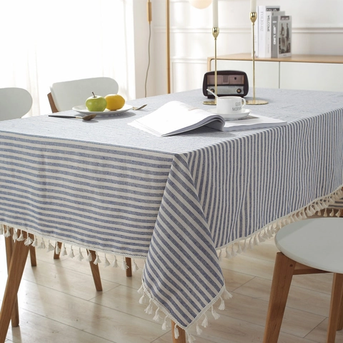 Mantel de Poliéster a Rayas Minimalista Japonés Con Borlas Teñido en Hilo Mantel Rectangular para Cocina Comedor Decoración Hogar