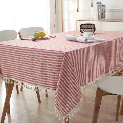 Mantel de Poliéster a Rayas Minimalista Japonés Con Borlas Teñido en Hilo Mantel Rectangular para Cocina Comedor Decoración Hogar