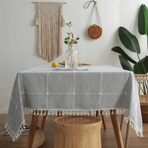 Nordic Style Lattice Tablecloth Faux Linen Rectangle Desk Cover With White Tassels For Dining Room Home Decor Gray Khaki