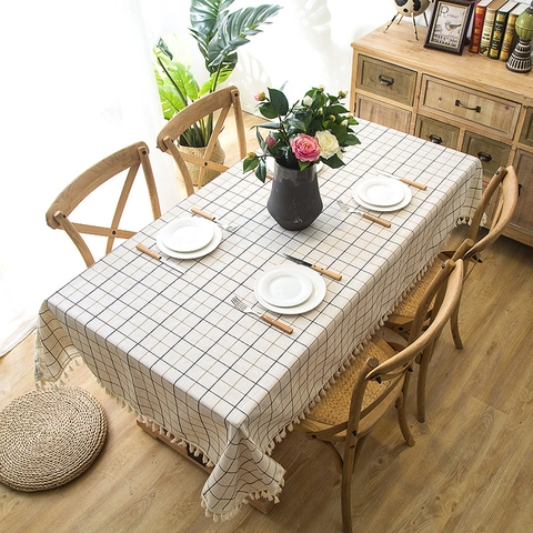 Mantel Impermeable a Cuadros Borde de Borlas Imitación Lino Rectangular Lavable Cubierta para Mesa de Comedor Cocina Hogar