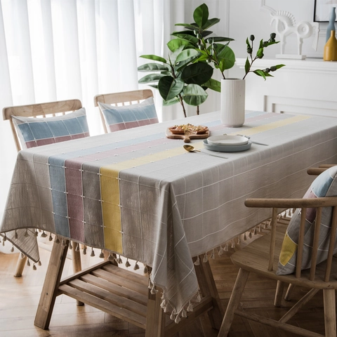 Mantel Rectangular Impermeable de Imitación Lino de Poliéster a Rayas Nordic Con Borlas Camino de Mesa Decoración Hogar