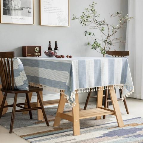 Nappe à Rayures de Style Nordique Avec Bordure à Glands Polyester Aspect Lin Housse de Table Rectangulaire Pour Décor de Cuisine