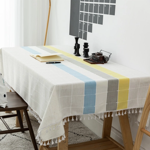Mantel de Lino de Algodón Falso Nórdico con Rayas y Cuadros Con Borlas Mantel Rectangular a Prueba de Polvo Para Cocina Hogar
