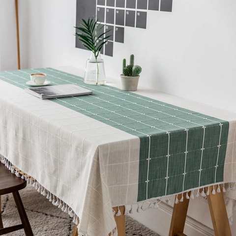 Mantel de Lino de Algodón Falso Nórdico con Rayas y Cuadros Con Borlas Mantel Rectangular a Prueba de Polvo Para Cocina Hogar