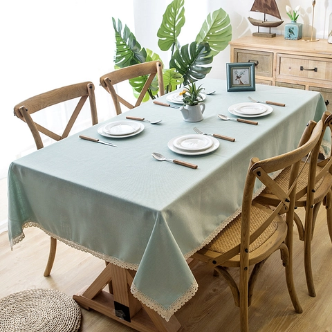 Waterproof Minimalist Tablecloth With Tassel Lace Edge Polyester Faux Linen Rectangle Table Cover For Kitchen Dining Home Decor