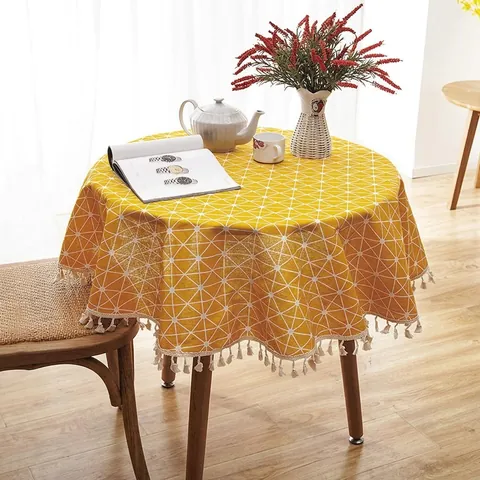Nordischer Stil Runde Tischdecke Polyester Baumwolle Bedruckt Geometrisches Muster Gitter Mit Quasten Für Küche Esszimmer Dekor