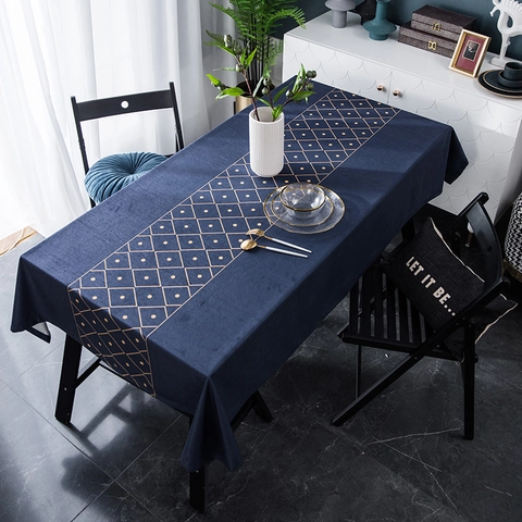 Luxury Velvet Tablecloth Modern Geometric Gold Line Navy Blue Digital Print Rectangular Table Cover For Home Dining Room