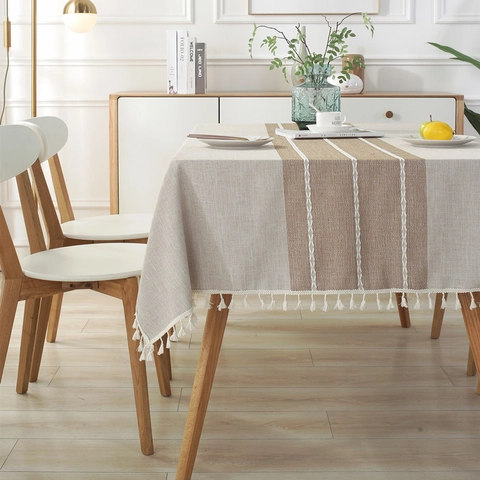 Mantel de Poliéster Imitación de Lino Minimalista Nórdico Rectangular Con Borlas Bordadas Antipolvo Para Comedor Casa