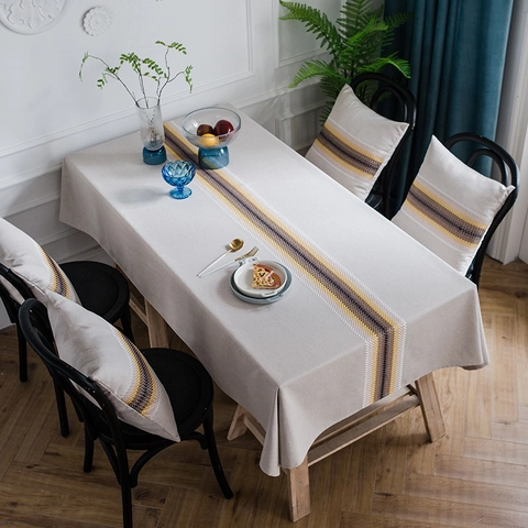 Modern Geometrisch Gestreept Borduurwerk Tafelkleed Polyester Linnen Mix Waterdicht Rechthoekig Tafelkleed Voor Eetkamer