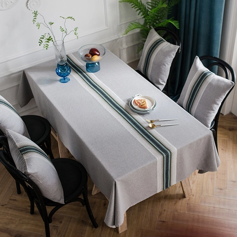 Modern Geometrisch Gestreept Borduurwerk Tafelkleed Polyester Linnen Mix Waterdicht Rechthoekig Tafelkleed Voor Eetkamer