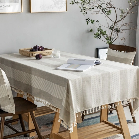 Nordic Style Striped Tablecloth With Tassel Edges Polyester Linen Look Rectangular Dining Table Cover For Home Kitchen Decor