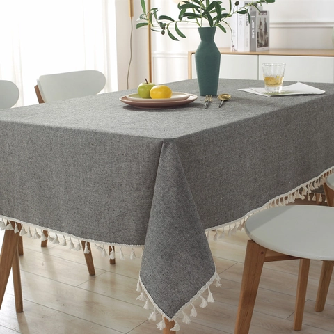 Japanese Minimalist Poly Cotton Yarn Dyed Tablecloth Rectangular Dustproof Table Cover With White Tassels Home Decor
