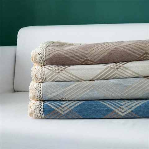 Copridivano in Ciniglia Ispessita a Linee Geometriche Antiscivolo Universale Protezione Mobili Con Bordo in Pizzo Decorazione Casa