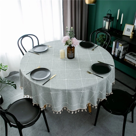 Modern Simple Round Tablecloth Grid Pattern With Tassel Chemical Fiber Dustproof Table Cover For Home Dining Room Decoration