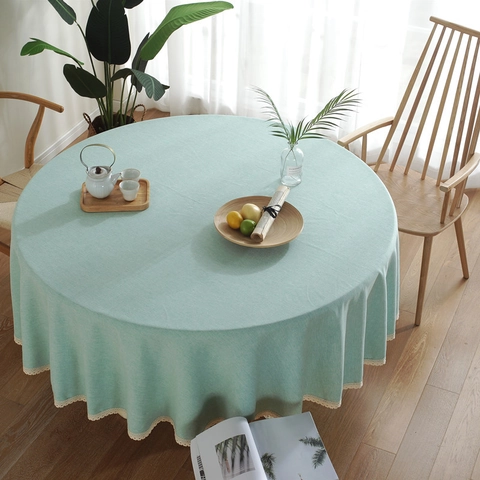 Mantel Redondo de Imitación de Lino Nórdico Con Borde de Encaje Color Sólido Cubierta de Mesa Decorativa para Comedor