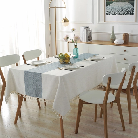Tovaglia Impermeabile Moderna in Misto Poliestere e Lino Con Nappine Motivo Chevron Copertura Tavolo da Pranzo Nordica