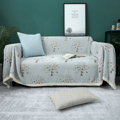 Dicker Chenille Sofaüberwurf Mit Spitzenbesatz Ginkgoblatt Baum Muster Jacquard Staubschutz Für Wohnzimmer Möbel Dekor