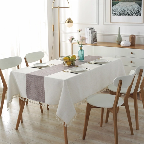 Tovaglia Impermeabile Moderna in Misto Poliestere e Lino Con Nappine Motivo Chevron Copertura Tavolo da Pranzo Nordica