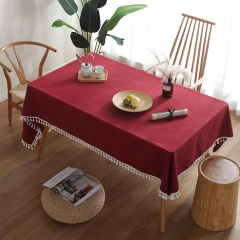 Mantel Rectangular de Imitación Lino Poliéster Estilo Nórdico Color Sólido Cubierta de Mesa Antipolvo Con Borlas Blancas Hogar