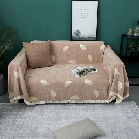 Dicker Chenille Sofaüberwurf Mit Spitzenbesatz Ginkgoblatt Baum Muster Jacquard Staubschutz Für Wohnzimmer Möbel Dekor