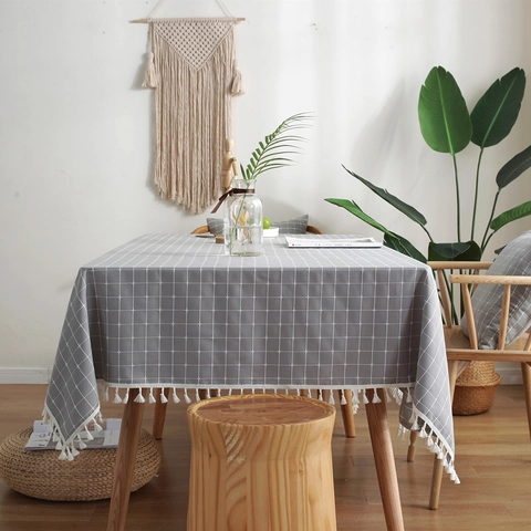 Nappe à Carreaux en Polyester Style Américain Avec Pompons Couverture de Table Rectangulaire Grille Géométrique Maison