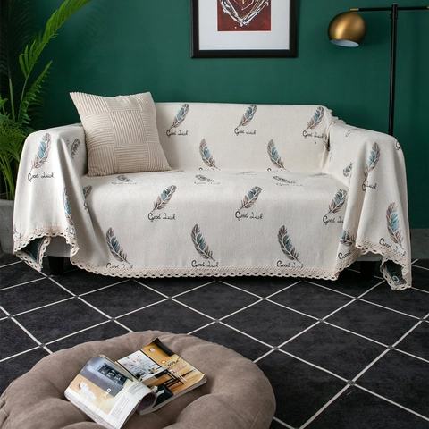 Thick Chenille Sofa Towel Feather Print Non-Slip Couch Cover With Lace Edge Good Luck Letter Print Furniture Protector