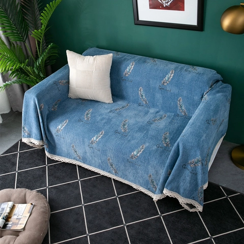 Thick Chenille Sofa Towel Feather Print Non-Slip Couch Cover With Lace Edge Good Luck Letter Print Furniture Protector