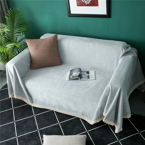 Funda de Sofá de Chenilla Espesada Color Sólido Antideslizante Lavable Protector de Muebles Con Borde de Encaje Moderno Minimalista Universal Toalla de Sofá
