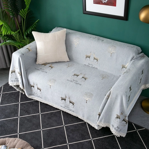 Funda de Sofá de Chenilla Nórdica Con Borde de Encaje Patrón de Ciervo Bosque Engrosado Antideslizante Protector de Muebles Manta para Sofá para Sala de Estar