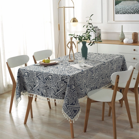 Nordic Polyester Faux Linen Tablecloth Geometric Triangle Jacquard Rectangular Dining Table Cover With Tassels Dustproof Decor